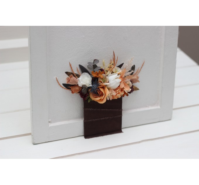 Wedding Boutonnieres & Wrist Corsage in Deep Purple, Terracotta & Beige | Faux Flower Accessories