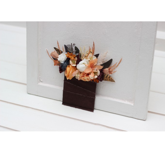 Wedding Boutonnieres & Wrist Corsage in Deep Purple, Terracotta & Beige | Faux Flower Accessories