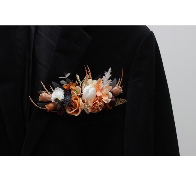 Wedding Boutonnieres & Wrist Corsage in Deep Purple, Terracotta & Beige | Faux Flower Accessories
