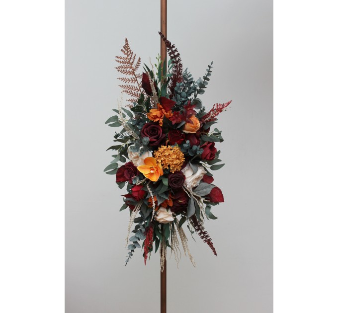 Flower Arch Arrangement in Burnt Orange, Red & Burgundy | Faux Floral Archway for Wedding