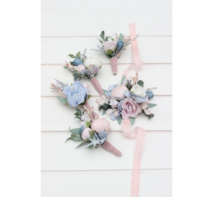 Wedding Boutonnieres in Dusty Blue, Blush Pink & White | Faux Flower Accessories