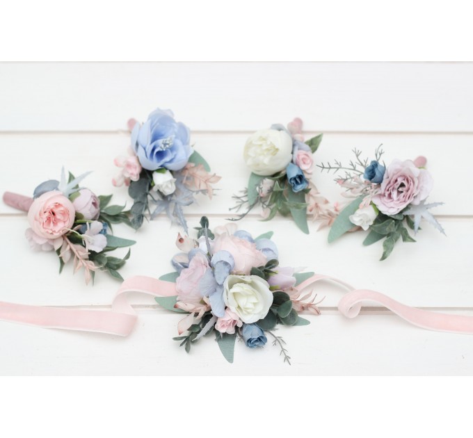 Wedding Boutonnieres in Dusty Blue, Blush Pink & White | Faux Flower Accessories