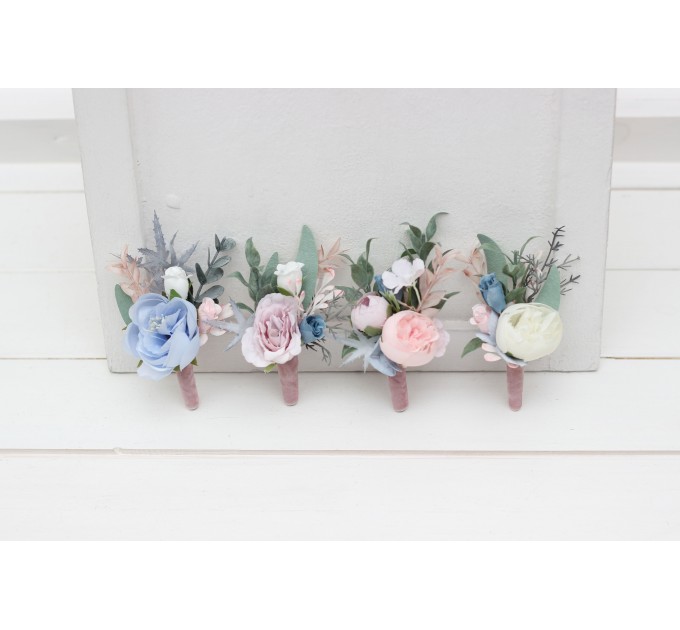 Wedding Boutonnieres in Dusty Blue, Blush Pink & White | Faux Flower Accessories