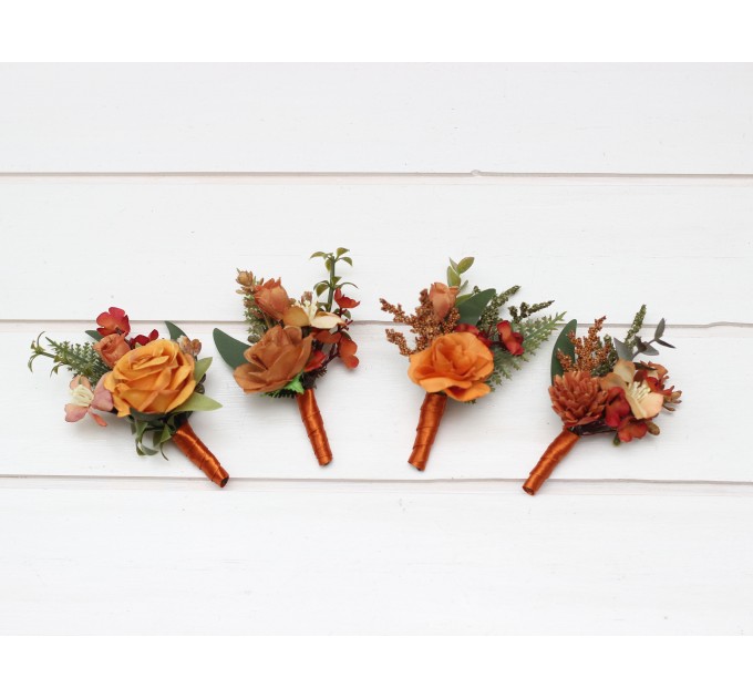 Wedding Boutonnieres and Wrist Corsage in Rust Orange | Flower Accessories