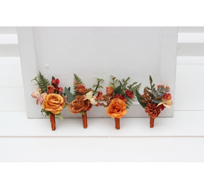 Wedding Boutonnieres and Wrist Corsage in Rust Orange | Flower Accessories