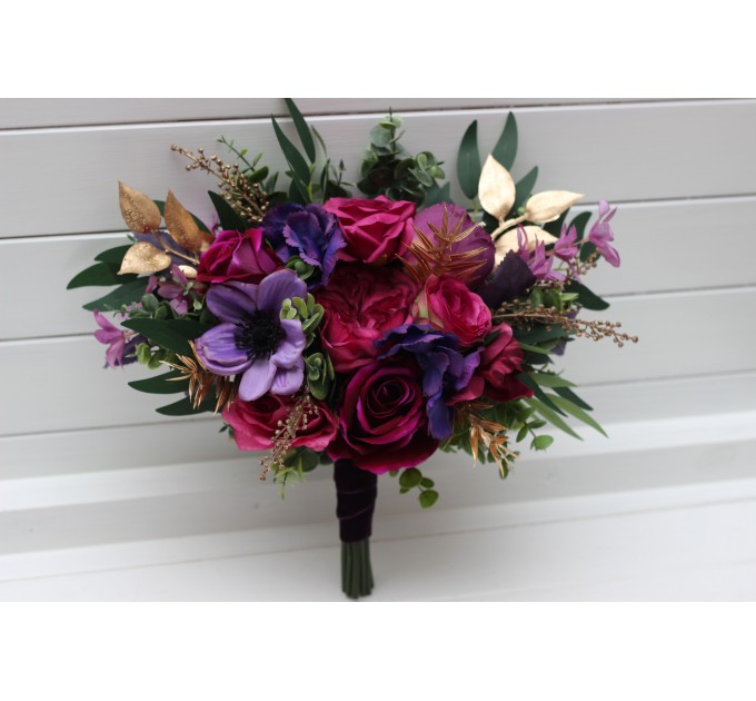 Wedding Bouquets in Purple, Magenta & Gold | Faux Bridal & Bridesmaid Bouquets