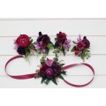 Wedding boutonnieres and wrist corsage in purple magenta gold color scheme. Flower accessories.5273