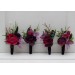 Wedding boutonnieres and wrist corsage in purple magenta gold color scheme. Flower accessories.5273