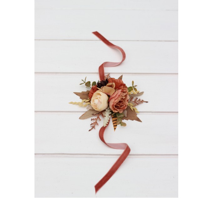 Wedding Boutonnieres & Wrist Corsage in Cinnamon, Terracotta & Ivory | Faux Flower Accessories