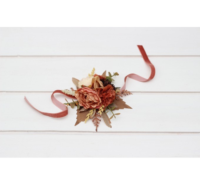 Wedding Boutonnieres & Wrist Corsage in Cinnamon, Terracotta & Ivory | Faux Flower Accessories