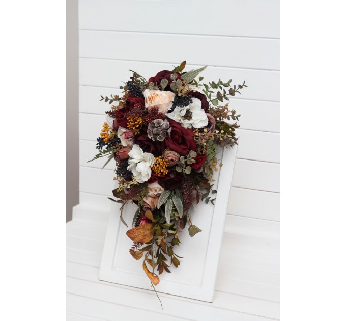 Burgundy ivory white brown flowers. Bridal bouquet. Faux bouquet. Fall wedding bouquet. Silk flowers. Boho wedding. Brown oliva greenery. Bridal bouquet. Faux bouquet. Bridesmaid bouquet.
