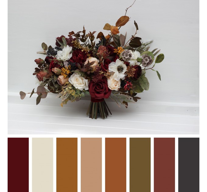 Cascade and Classic Bridal Bouquets – Burgundy, Ivory, and Brown Faux Flowers