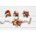 Wedding boutonnieres and wrist corsage in orange ivory rust terracotta color scheme. Flower accessories. 5140