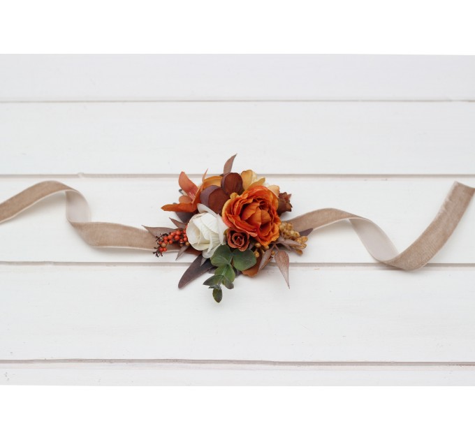 Wedding boutonnieres and wrist corsage in orange ivory rust terracotta color scheme. Flower accessories. 5140