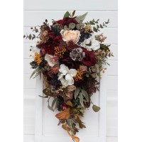 Cascade and classic Bridal bouquet. Bridesmaid bouquet. Burgundy ivory white brown flowers. Faux flowers. Fall wedding bouquet. Silk flowers. Boho wedding. Brown oliva greenery.  5310