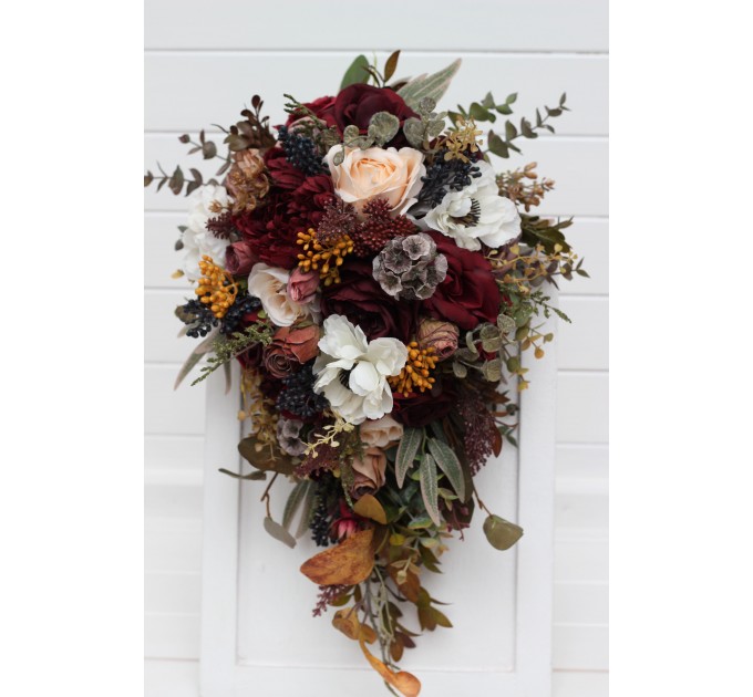 Cascade and Classic Bridal Bouquets – Burgundy, Ivory, and Brown Faux Flowers