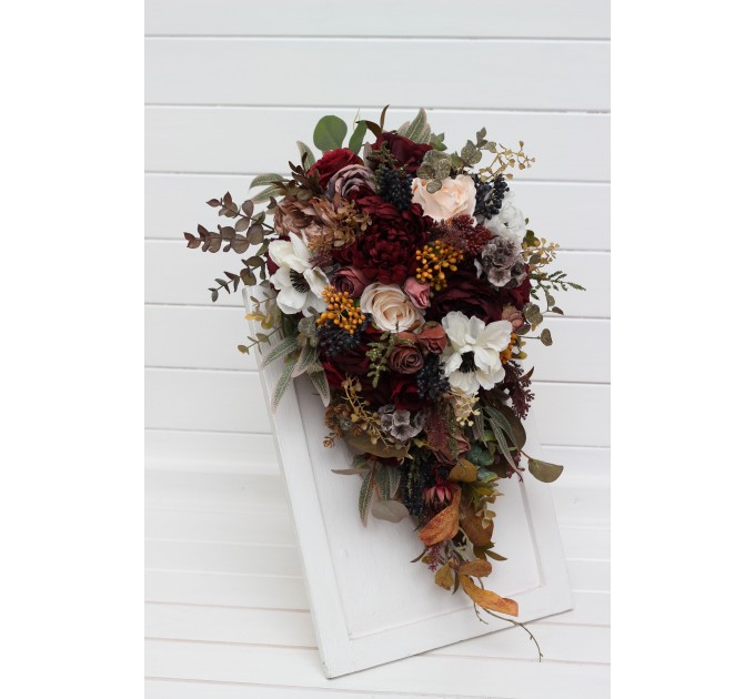 Cascade and Classic Bridal Bouquets – Burgundy, Ivory, and Brown Faux Flowers