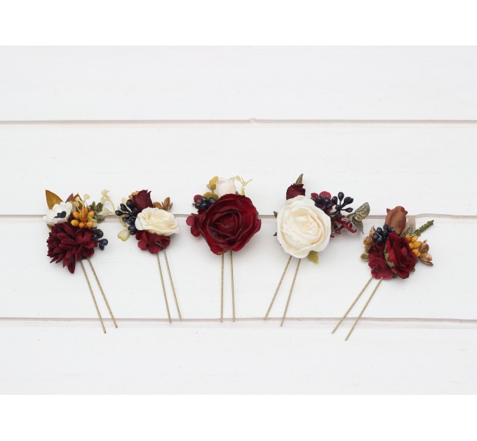 Set of 5 hair pins in burgundy ivory white color scheme. Hair accessories. Flower accessories for wedding. 5310