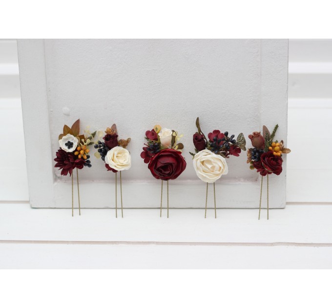 Set of 5 hair pins in burgundy ivory white color scheme. Hair accessories. Flower accessories for wedding. 5310