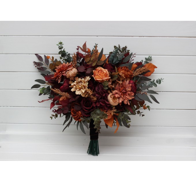 Burgundy, Orange, Rust & Brown Bridal Faux Bouquet | Fall Wedding Flowers