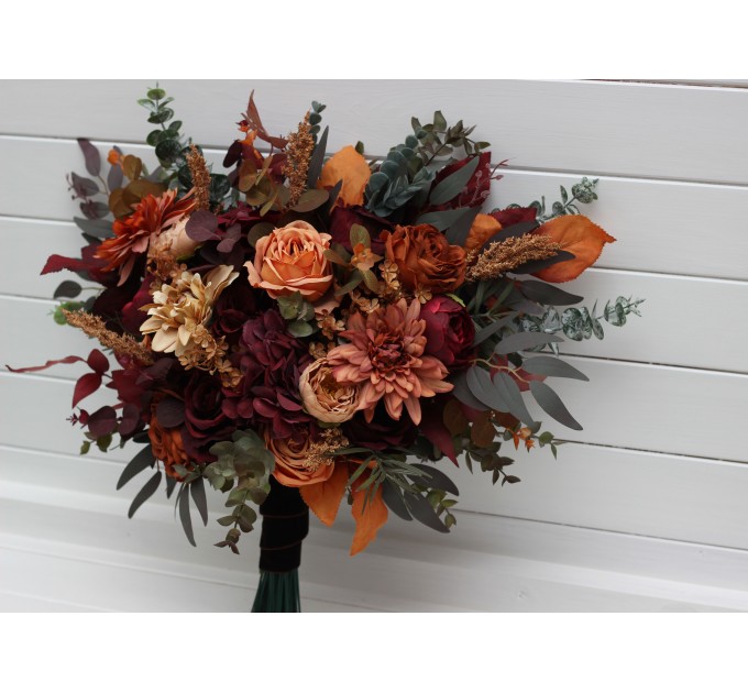 Burgundy, Orange, Rust & Brown Bridal Faux Bouquet | Fall Wedding Flowers
