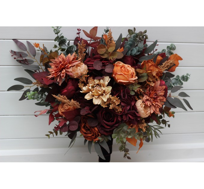 Burgundy, Orange, Rust & Brown Bridal Faux Bouquet | Fall Wedding Flowers