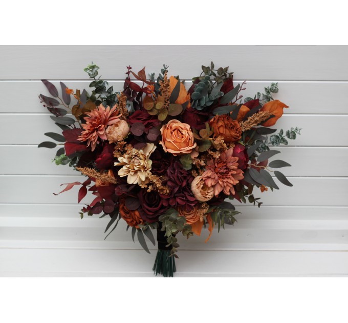 Burgundy, Orange, Rust & Brown Bridal Faux Bouquet | Fall Wedding Flowers