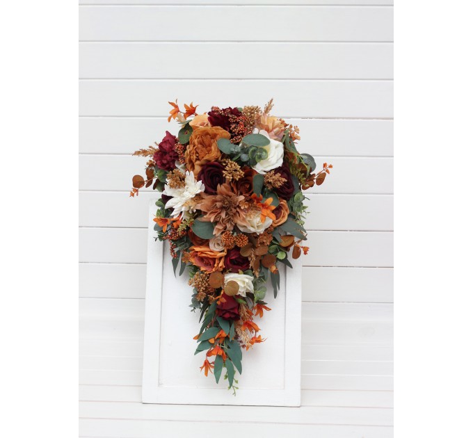 Wedding Bouquets in Cinnamon, Ivory, Burgundy & Orange | Faux Bridal & Bridesmaid Bouquets