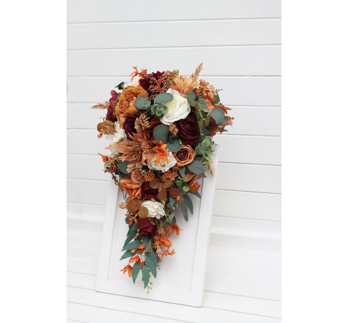 Wedding Bouquets in Cinnamon, Ivory, Burgundy & Orange | Faux Bridal & Bridesmaid Bouquets
