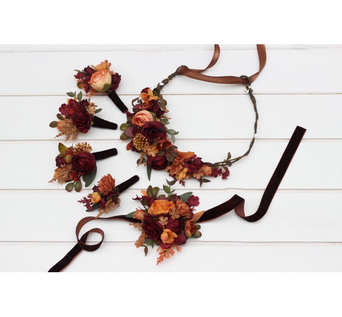 Wedding boutonnieres and wrist corsage in burgundy orange rust brown color scheme. Flower accessories. 5330