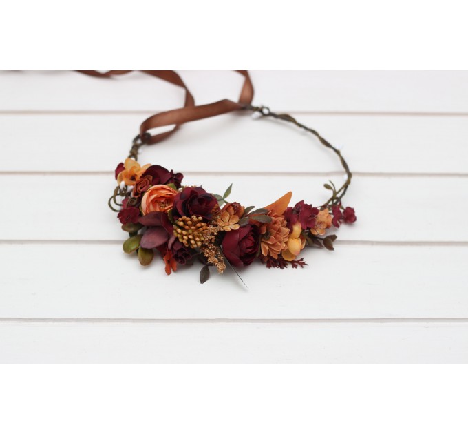 Burgundy orange rust brown flower crown. Hair wreath. Flower girl crown. Wedding flowers. 5330