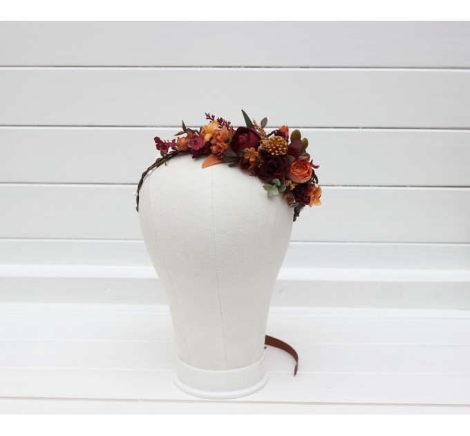 Burgundy orange rust brown flower crown. Hair wreath. Flower girl crown. Wedding flowers. 5330