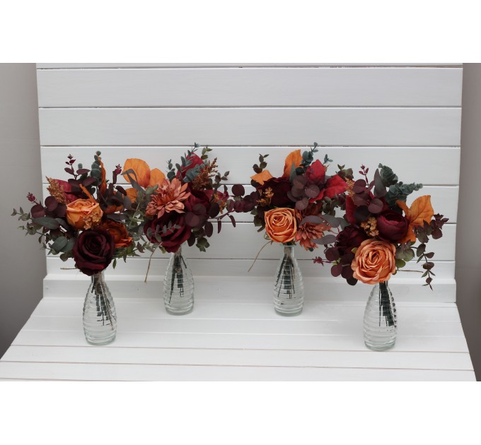 Mini bouquets for vases in burgundy orange rust brown color scheme. Flowers for wedding decor. Table flowers. Centerpiece. 5330