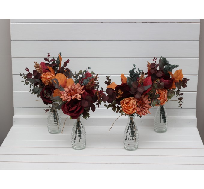 Mini bouquets for vases in burgundy orange rust brown color scheme. Flowers for wedding decor. Table flowers. Centerpiece. 5330