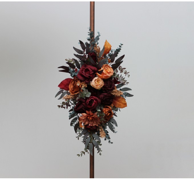Flower Arch Arrangement in Burgundy, Orange, Rust & Brown | Faux Floral Archway for Wedding