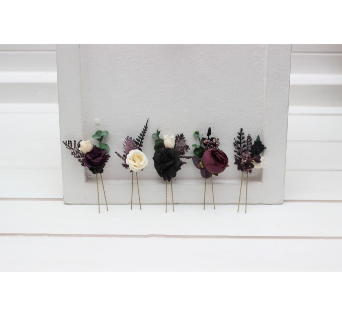 Set of 5 Hair Pins in Purple, Black, Ivory & Green | Faux Flower Wedding Hair Accessories