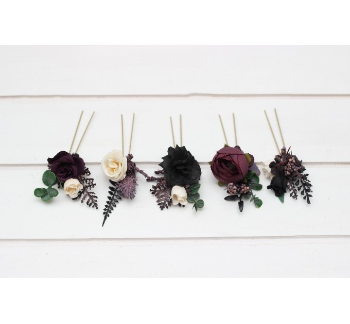 Set of 5 Hair Pins in Purple, Black, Ivory & Green | Faux Flower Wedding Hair Accessories