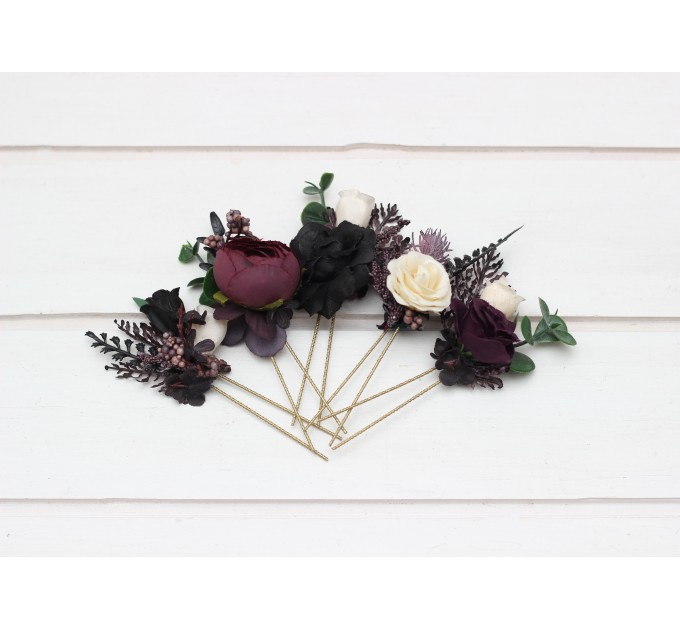 Set of 5 Hair Pins in Purple, Black, Ivory & Green | Faux Flower Wedding Hair Accessories