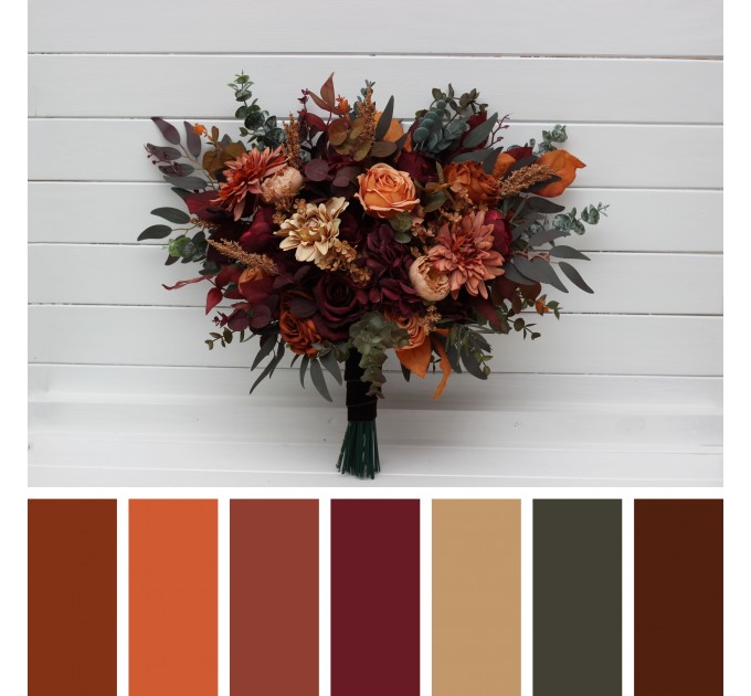Burgundy, Orange, Rust & Brown Bridal Faux Bouquet | Fall Wedding Flowers