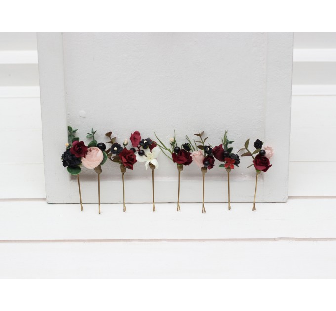 Set of 8 bobby pins in burgundy black green beige ivory color scheme. Hair accessories. Flower accessories for wedding. 5279