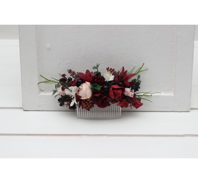 Flower comb in burgundy black green beige ivory color scheme. Wedding accessories for hair. Bridal flower comb. Bridesmaid floral comb. 5279