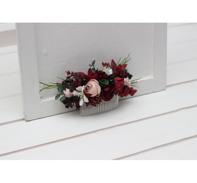Flower comb in burgundy black green beige ivory color scheme. Wedding accessories for hair. Bridal flower comb. Bridesmaid floral comb. 5279