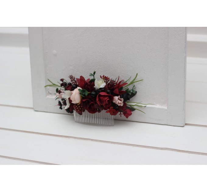 Flower comb in burgundy black green beige ivory color scheme. Wedding accessories for hair. Bridal flower comb. Bridesmaid floral comb. 5279