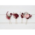 Set of 4 hair pins in burgundy dusty rose blush pink color scheme. Hair accessories. Flower accessories for wedding. 5256
