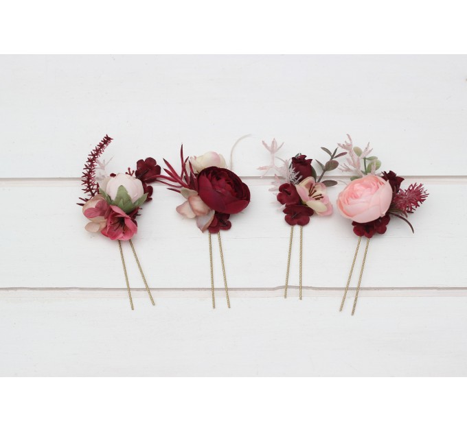 Set of 4 hair pins in burgundy dusty rose blush pink color scheme. Hair accessories. Flower accessories for wedding. 5256