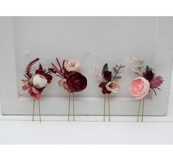 Set of 4 hair pins in burgundy dusty rose blush pink color scheme. Hair accessories. Flower accessories for wedding. 5256