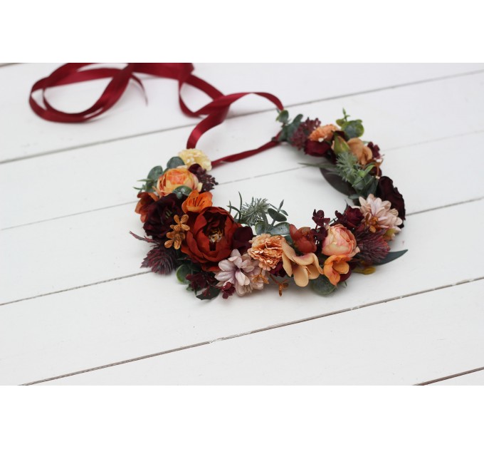 Boho flowers. Rust orange burgundy flower crown. Wedding headpiece Burgundy wedding. Bridal hairpiece. Bridesmaid crown.Flower girl crown. 0035 EU UK