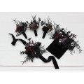 Wedding boutonnieres and wrist corsage in silver black purple color scheme. Flower accessories. 0059 EU UK