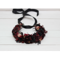 Burgundy beige black gold flower crown. Hair wreath. Flower girl crown. Halloween wedding. 0018 EU UK