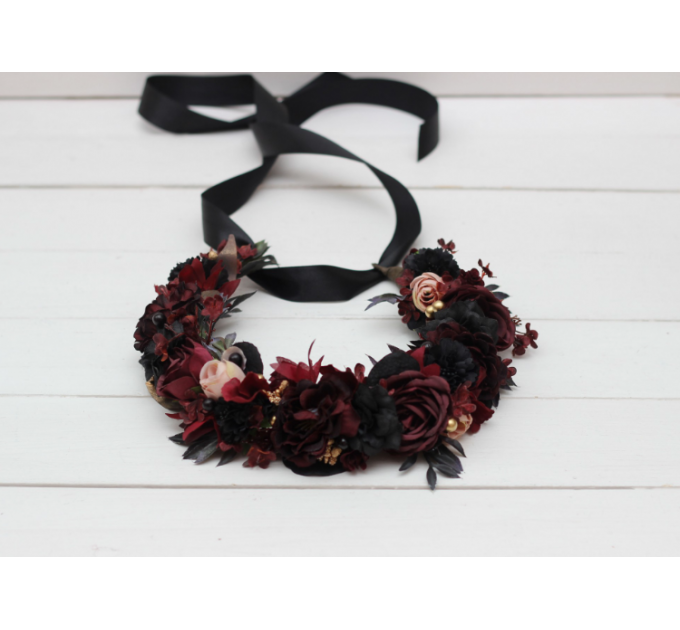 Burgundy beige black gold flower crown. Hair wreath. Flower girl crown. Halloween wedding. 0018 EU UK